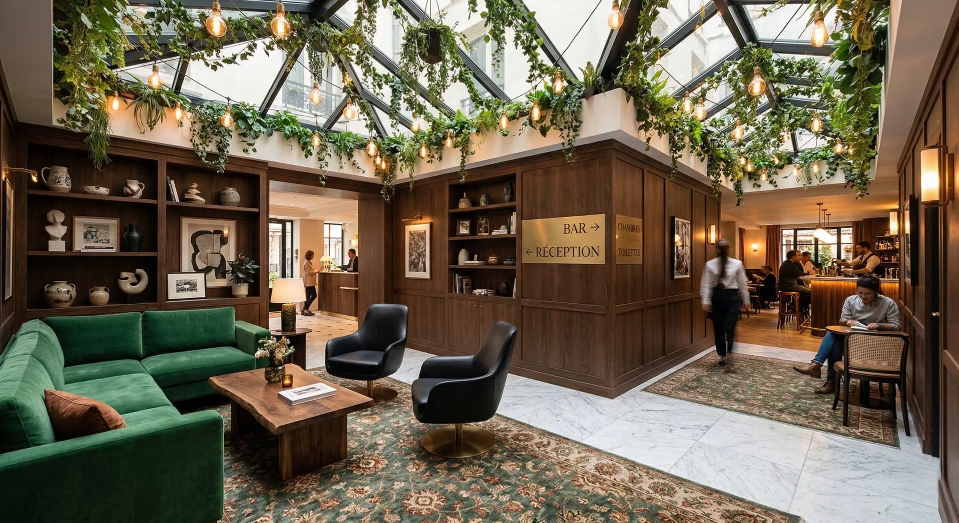 Parties communes d'hôtel propres et accueillantes, mobilier entretenu