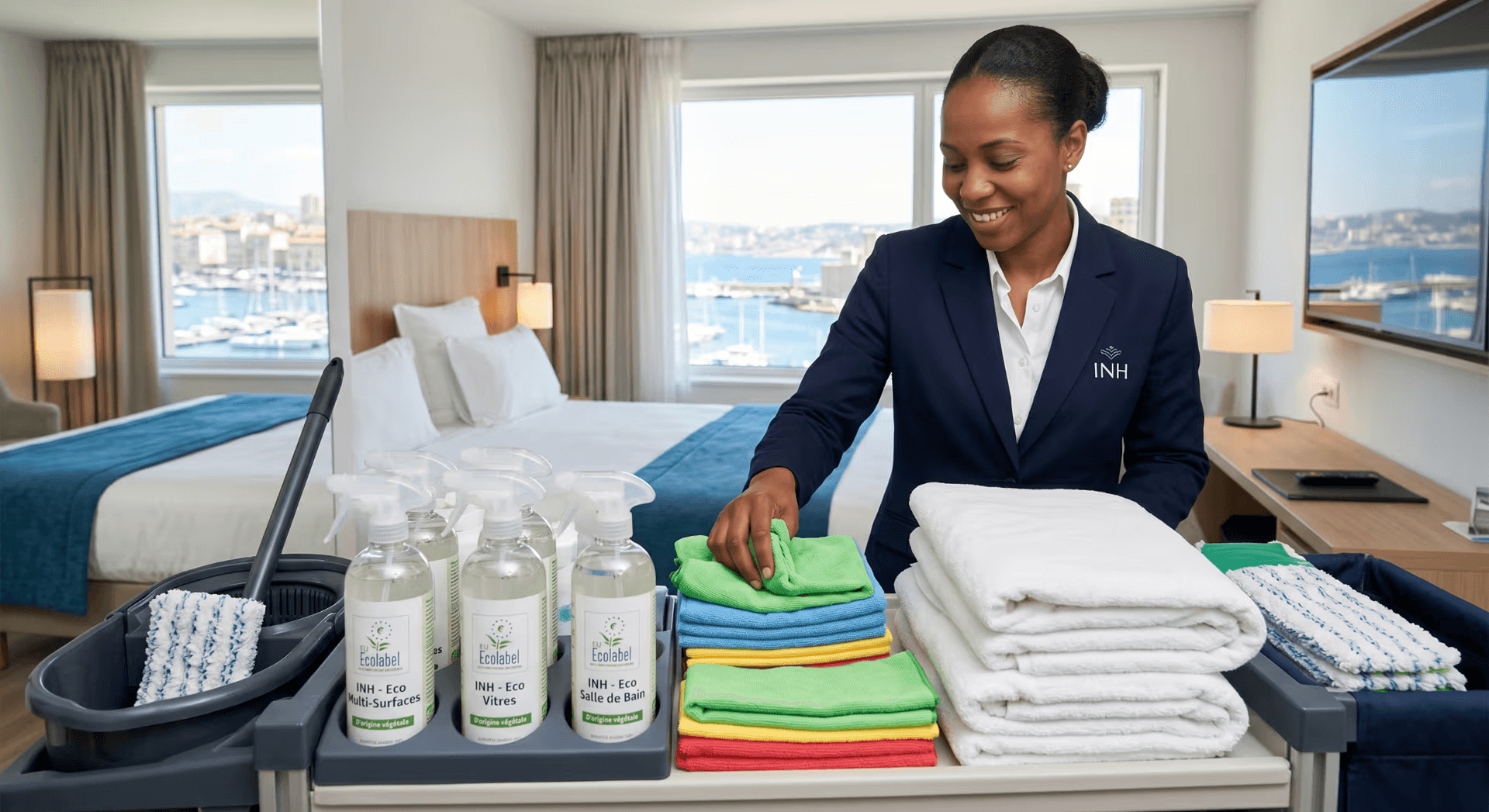 Femme de chambre INH préparant un chariot avec des produits d'entretien écologiques certifiés Ecolabel dans un hôtel