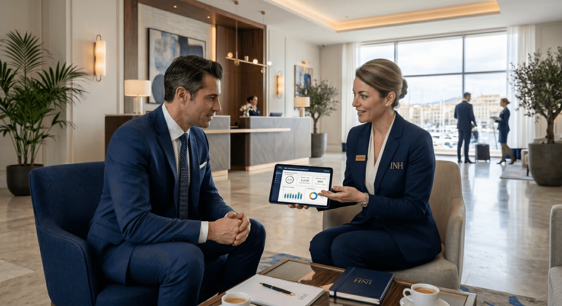 Directeur d'hôtel et responsable d'exploitation INH analysant un tableau de bord de performance dans un lobby élégant