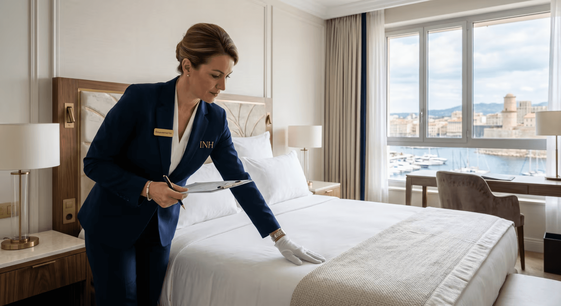 Gouvernante INH inspectant la propreté d'une chambre d'hôtel haut de gamme