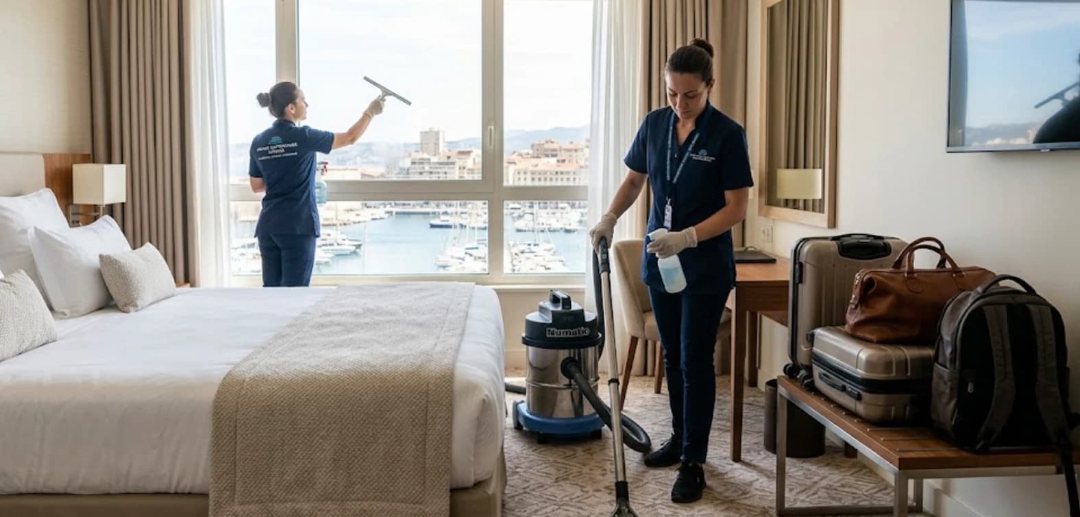 Gouvernante professionnelle inspectant minutieusement la propreté d'une chambre d'hôtel haut de gamme