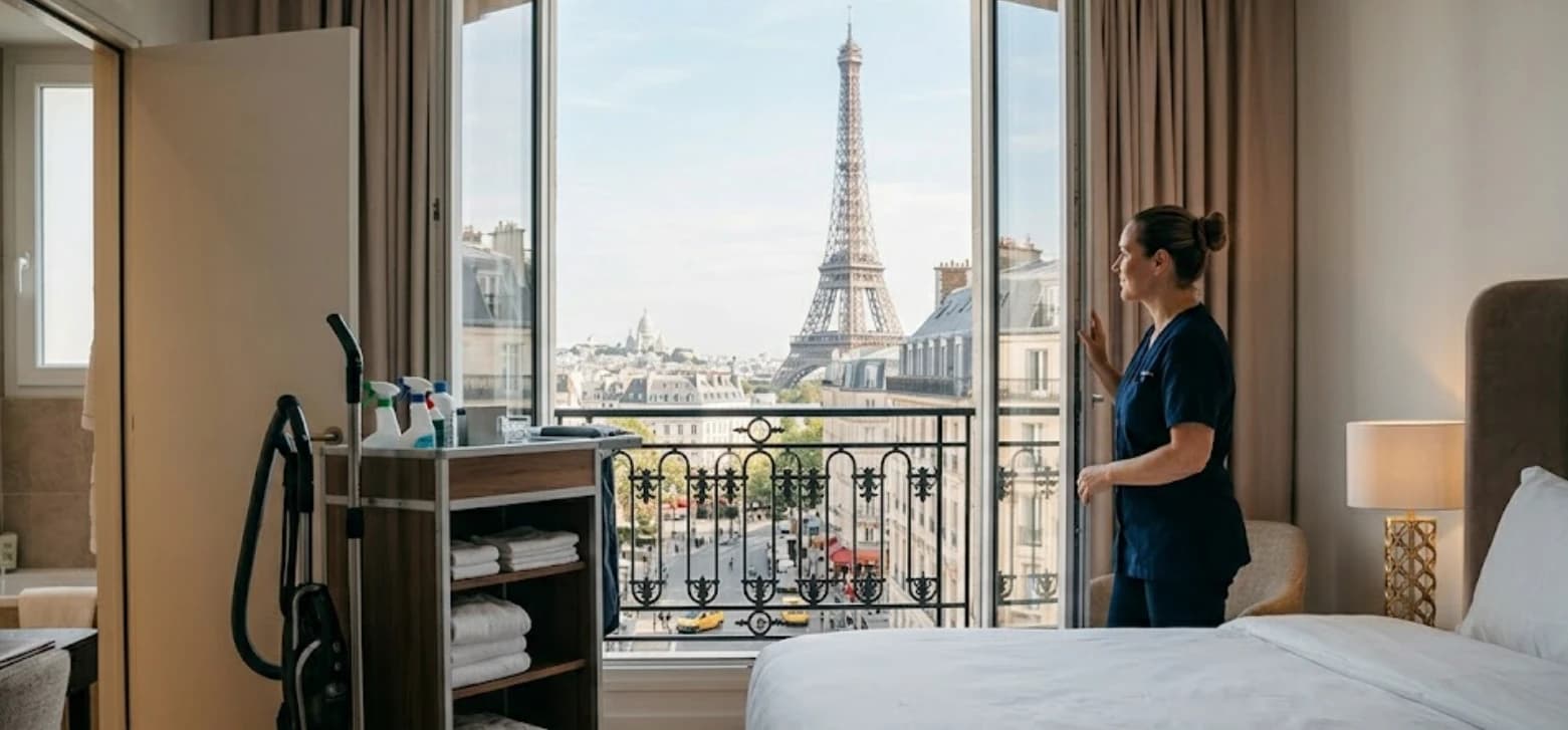 Gouvernante d'un hôtel 4 étoiles à Paris contrôlant la propreté d'une chambre après l'intervention d'un prestataire externe