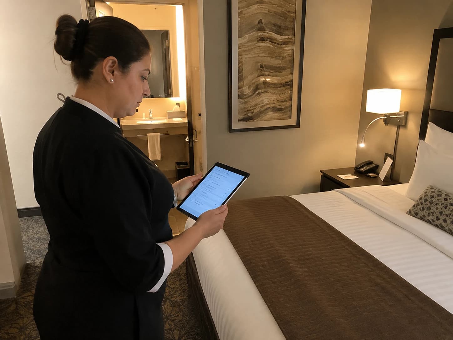 Gouvernante d'hôtel inspectant une chambre avec une checklist numérique, illustrant les protocoles de contrôle qualité propreté hôtelière