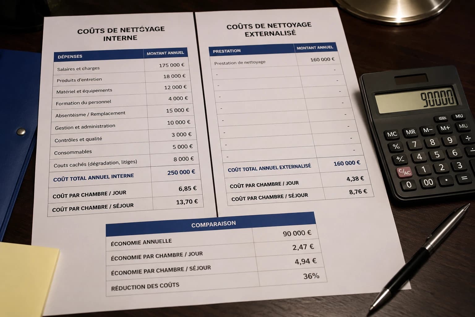 Deux colonnes de chiffres comparant les coûts de nettoyage interne et externalisé pour un hôtel, avec calculatrice et documents financiers