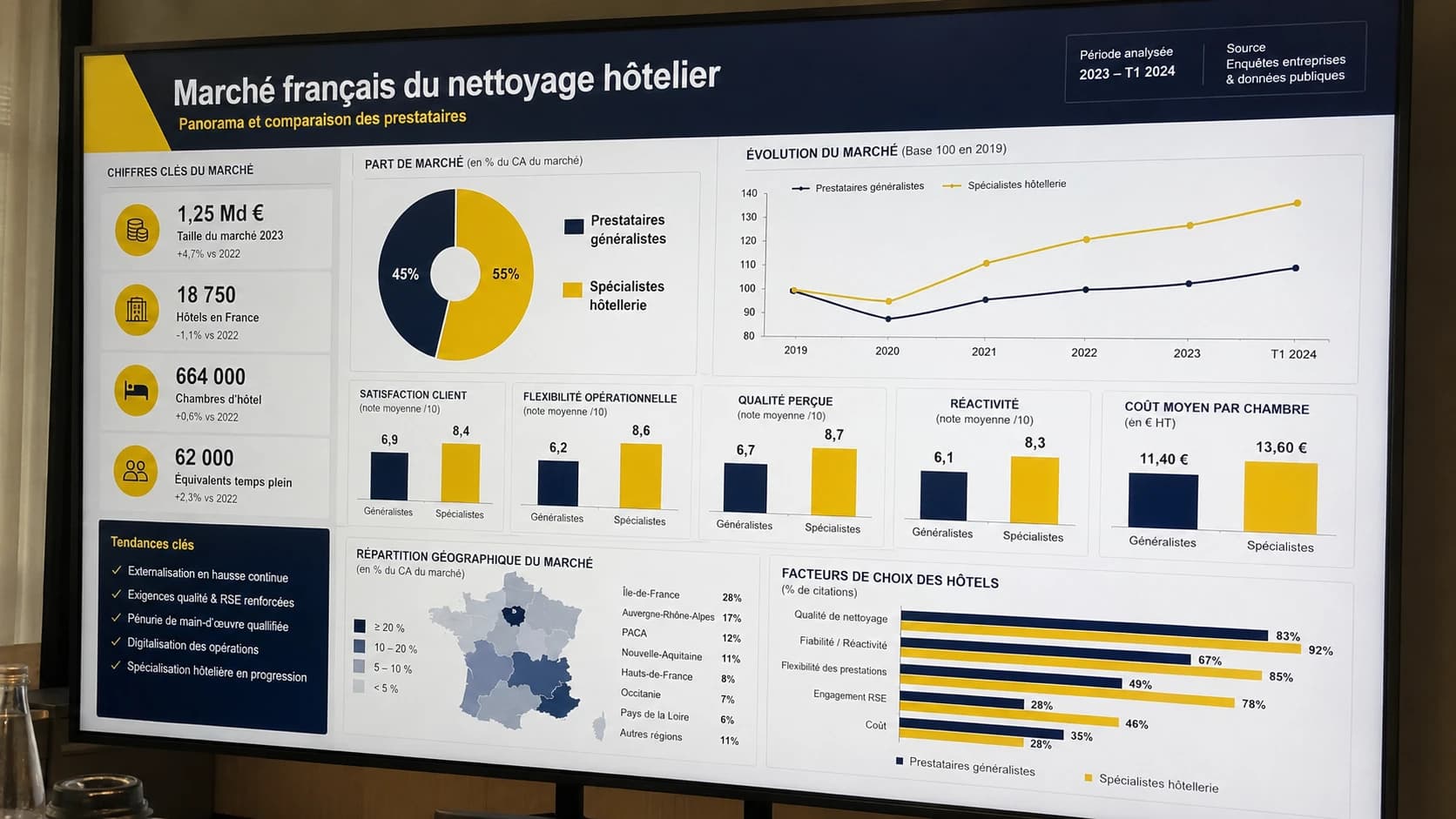 Vue panoramique du marché français du nettoyage hôtelier avec graphiques comparatifs entre prestataires généralistes et spécialistes hôtellerie