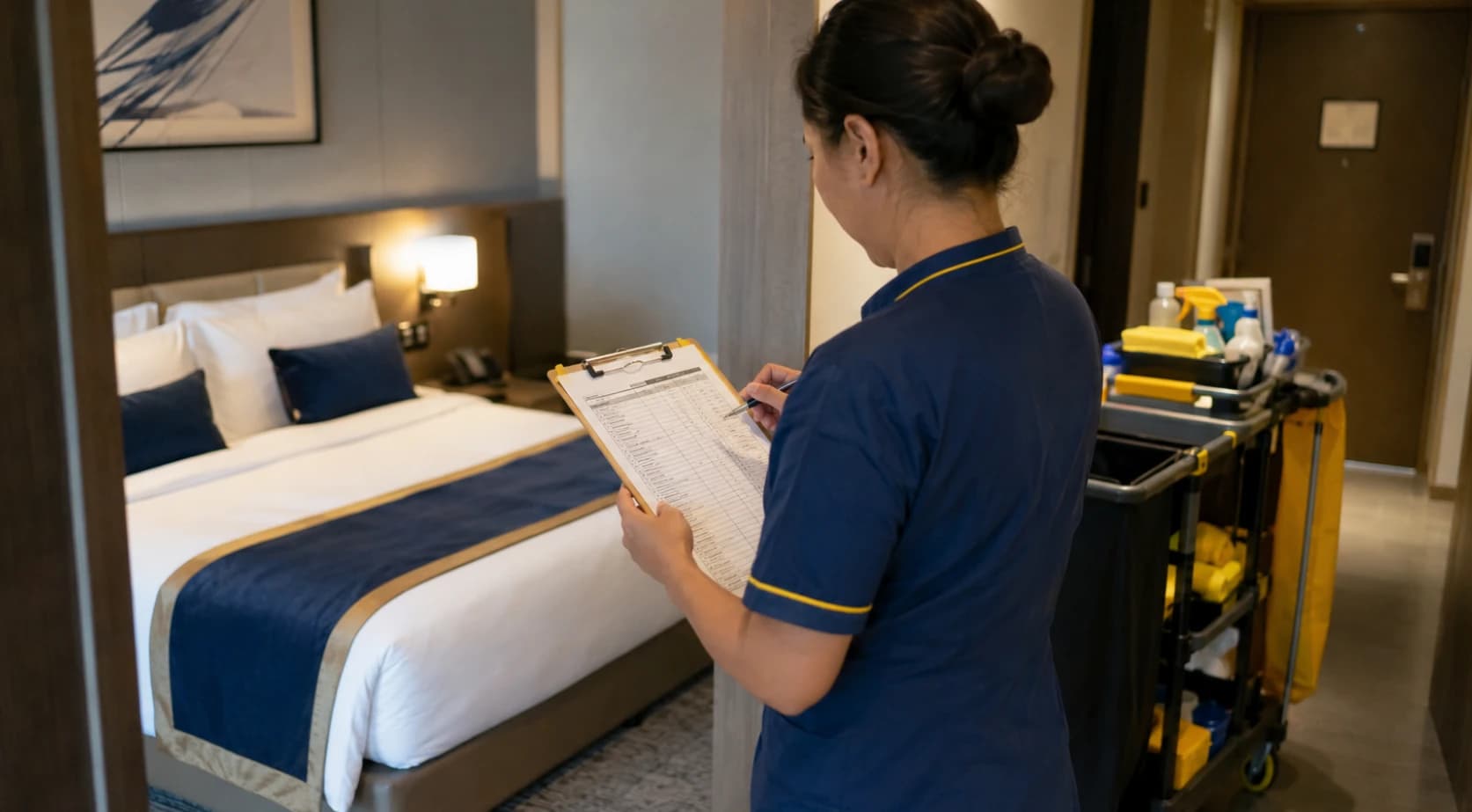 Gouvernante d'hotel verifiant une checklist de conformite hygiene dans une chambre equipee d'un chariot de nettoyage professionnel