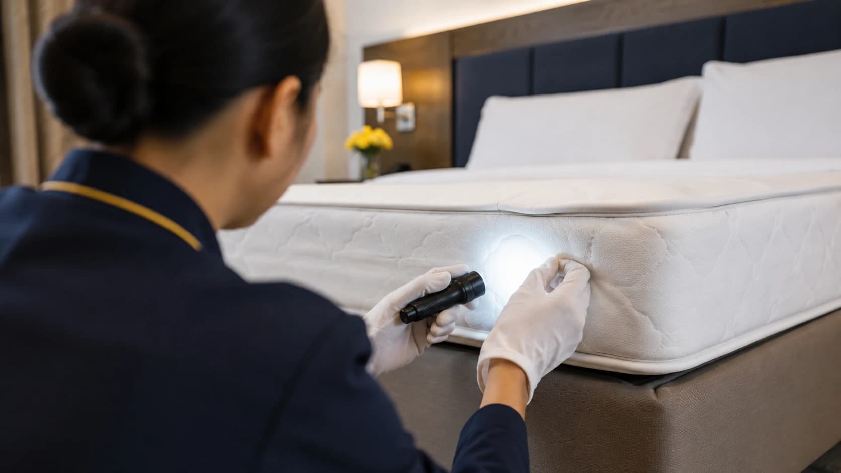 Gouvernante d'hôtel inspectant les coutures d'un matelas avec une lampe torche dans une chambre d'hôtel professionnelle