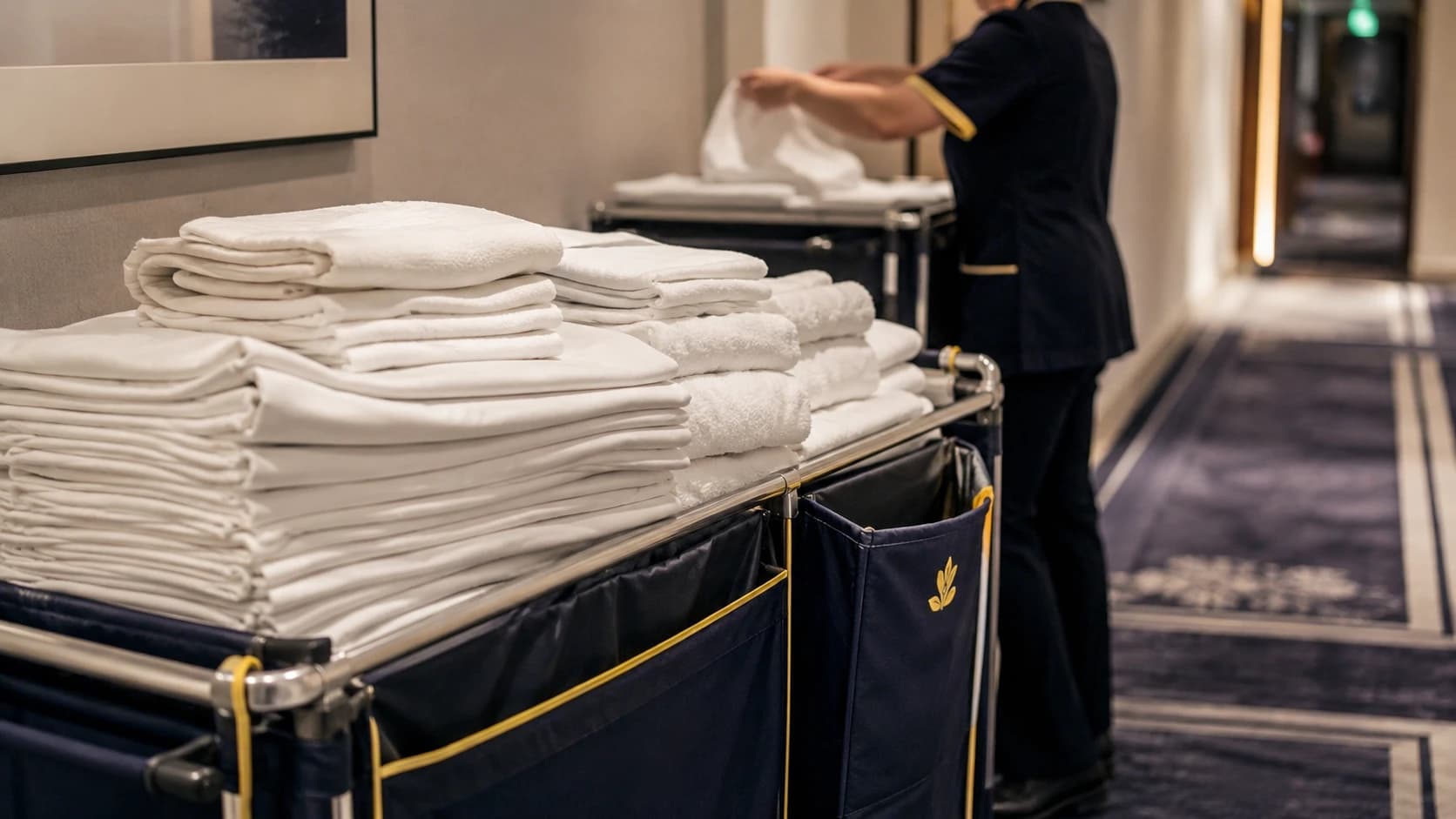 Pile de linge d'hôtel propre et plié posée sur un chariot de blanchisserie dans un couloir d'hôtel