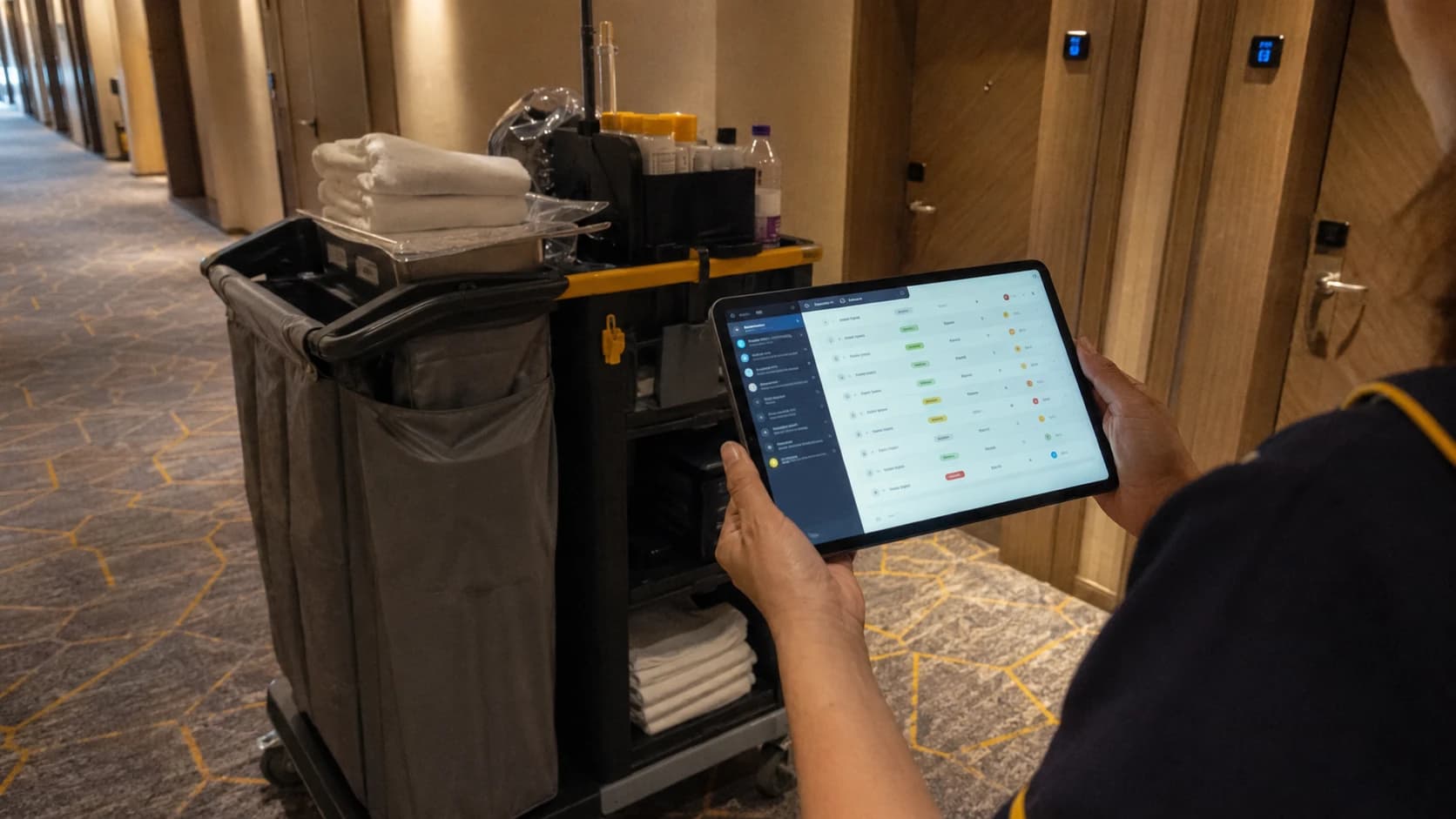 Gouvernante d'hôtel utilisant une tablette numérique pour mettre à jour le statut des chambres devant un chariot de nettoyage professionnel