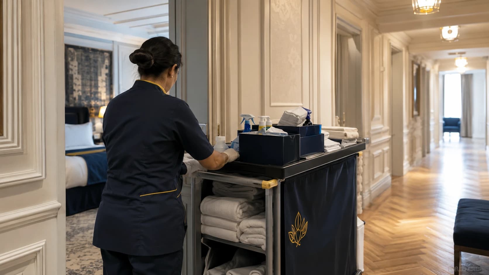 Femme de chambre de dos préparant un chariot de nettoyage dans le couloir d'un hôtel parisien haussmannien