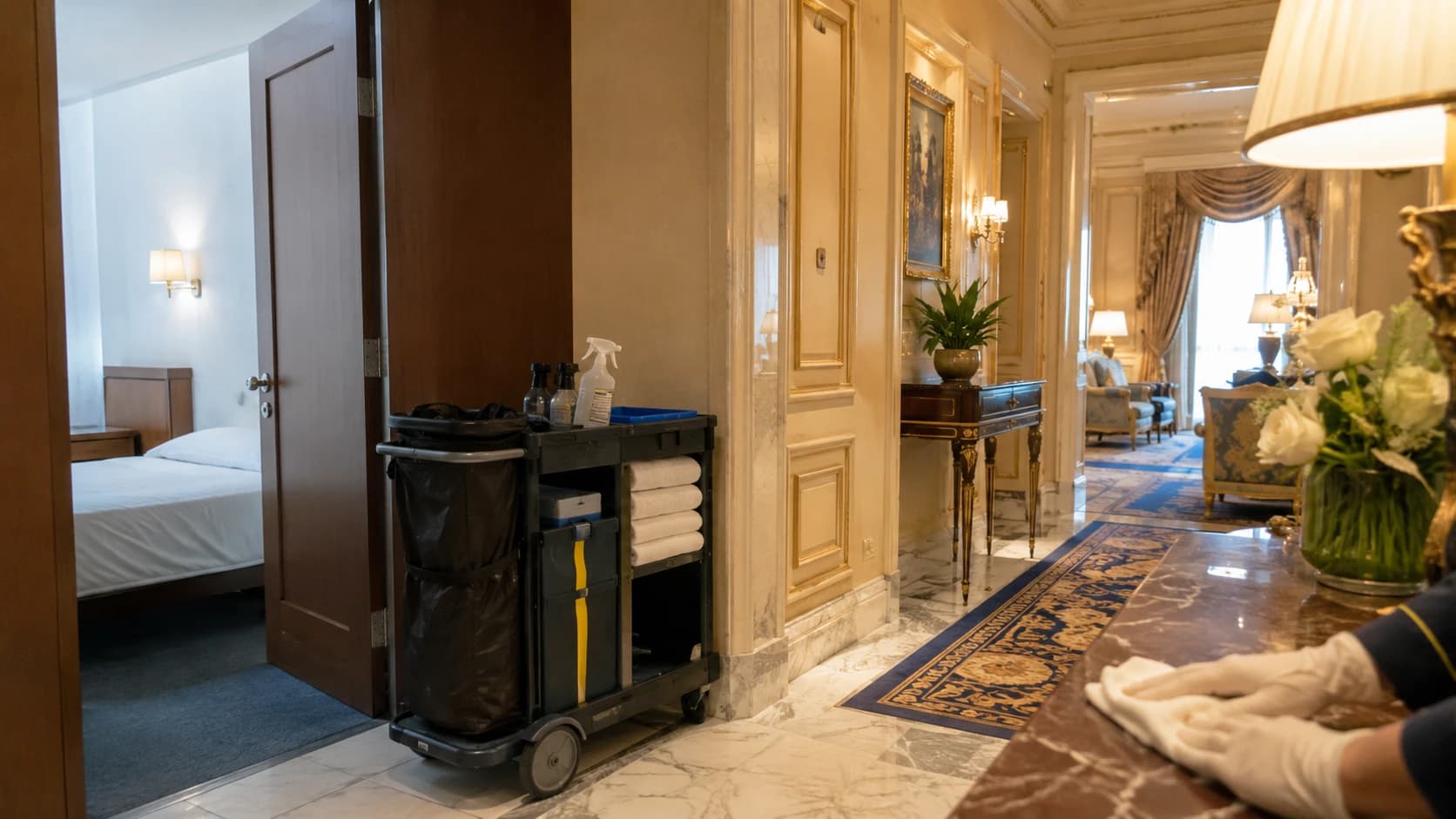 Comparaison du nettoyage entre une chambre d'hôtel économique et une suite de palace, chariot de ménage professionnel