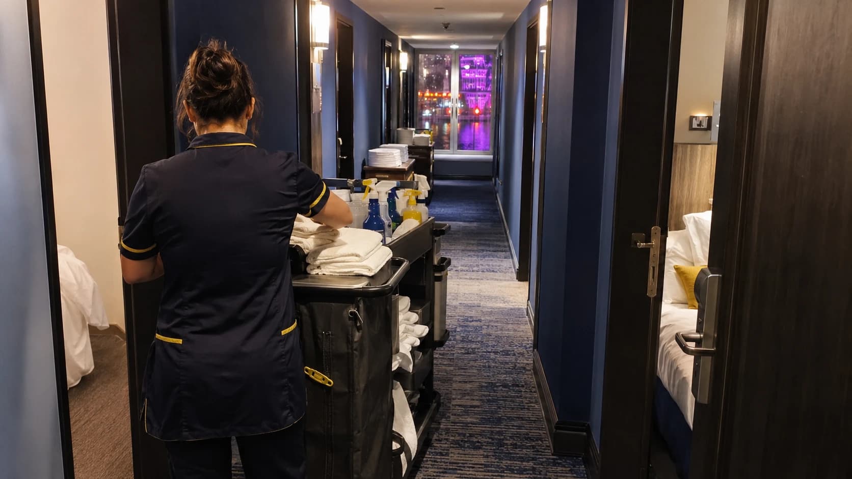 Femme de chambre de dos préparant un chariot de nettoyage dans le couloir d'un hôtel lyonnais pendant un pic de congrès