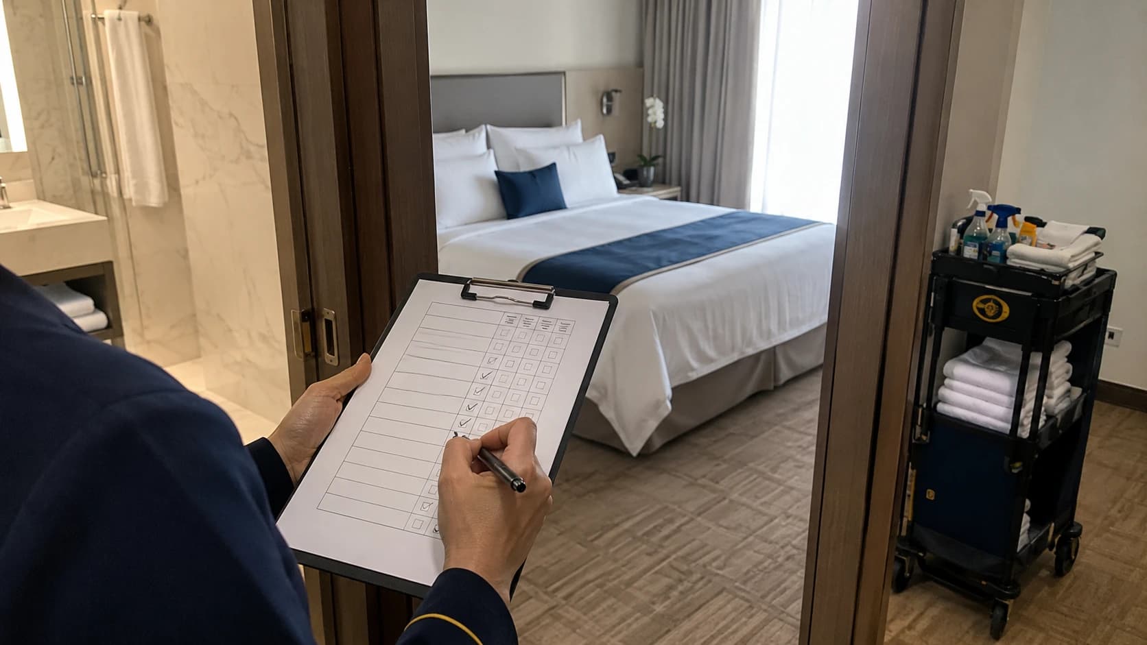 Gouvernante d'hôtel vérifiant la prestation d'un prestataire de nettoyage avec une grille d'audit sur clipboard dans une chambre propre