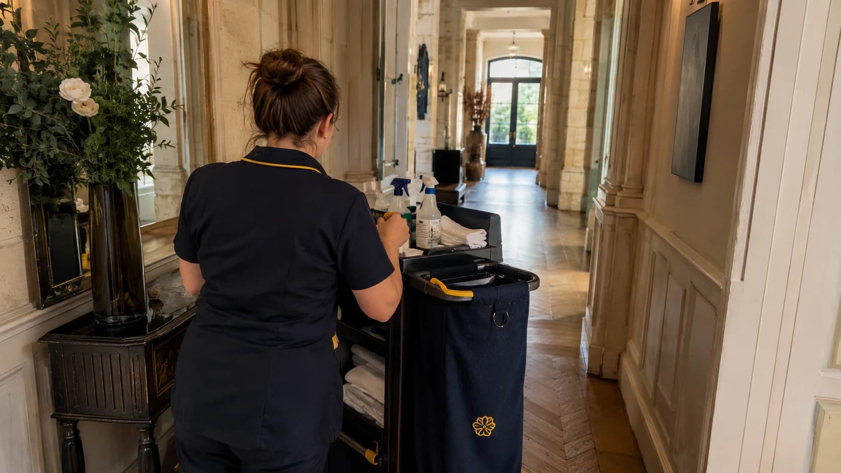 Femme de chambre de dos préparant un chariot de nettoyage dans le couloir d'un hôtel de charme bordelais, détails jaune et bleu nuit