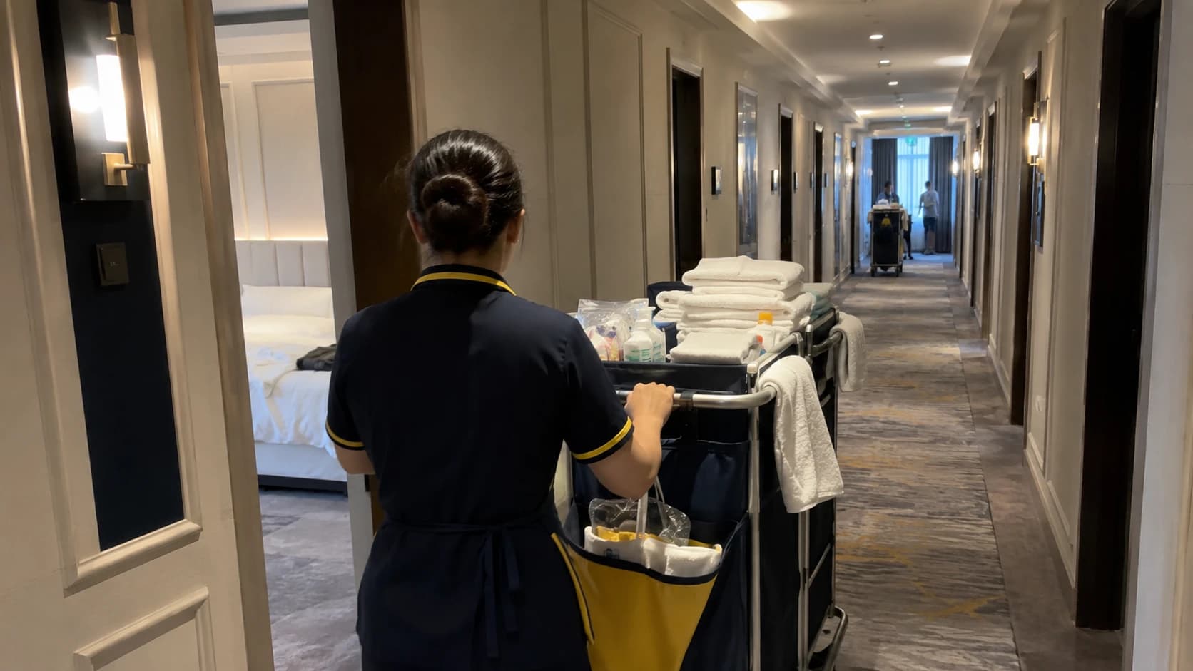 Femme de chambre de dos préparant un chariot de nettoyage dans un couloir d'hôtel pendant le rush de la mi-journée, détails jaune et bleu nuit