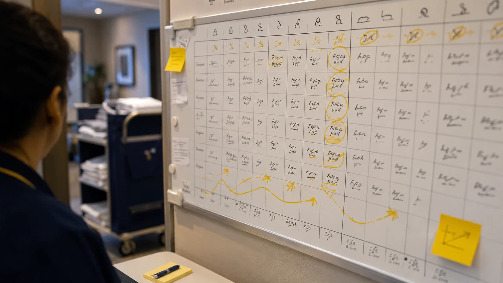 Planning mural de service des étages annoté au feutre jaune dans un bureau de gouvernante, avec pics et creux d'occupation d'un hôtel entourés