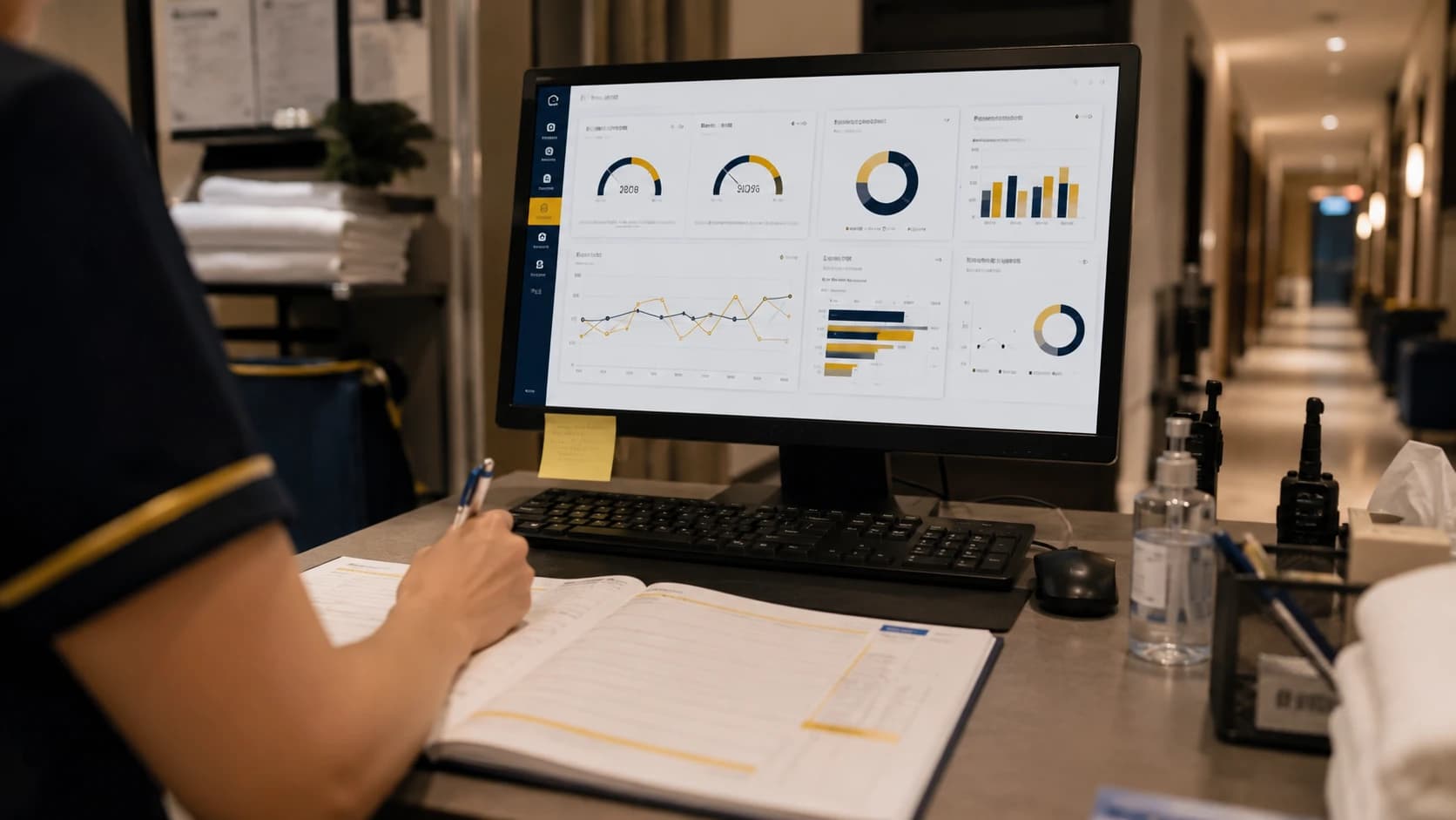 Écran de tableau de bord affichant les indicateurs de propreté d'un hôtel sur le bureau d'une gouvernante, note Booking et score d'inspection en surbrillance