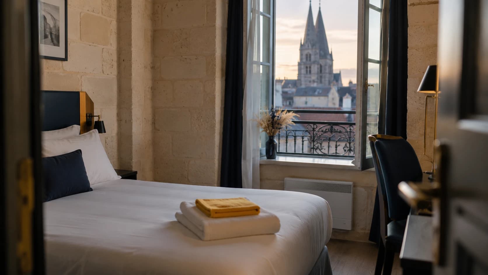 Chambre d'hôtel caennaise fraîchement préparée en pierre de Caen claire, avec serviette jaune pliée et vue sur un clocher normand, ambiance tourisme de mémoire