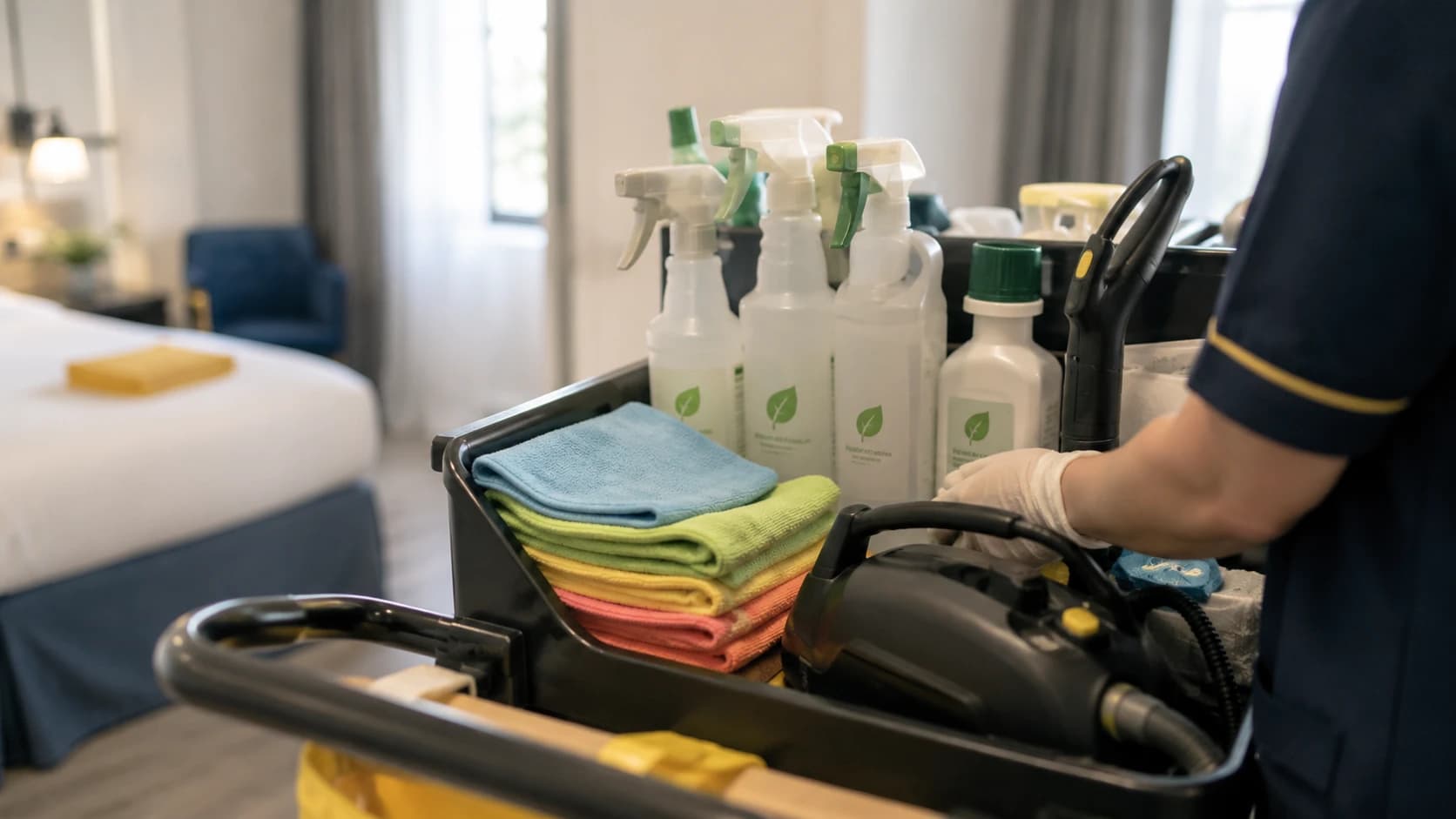 Chariot de ménage hôtelier équipé de flacons de produits d'entretien écolabellisés et de chiffons microfibre rangés par code couleur, avec une étiquette écologique bien visible