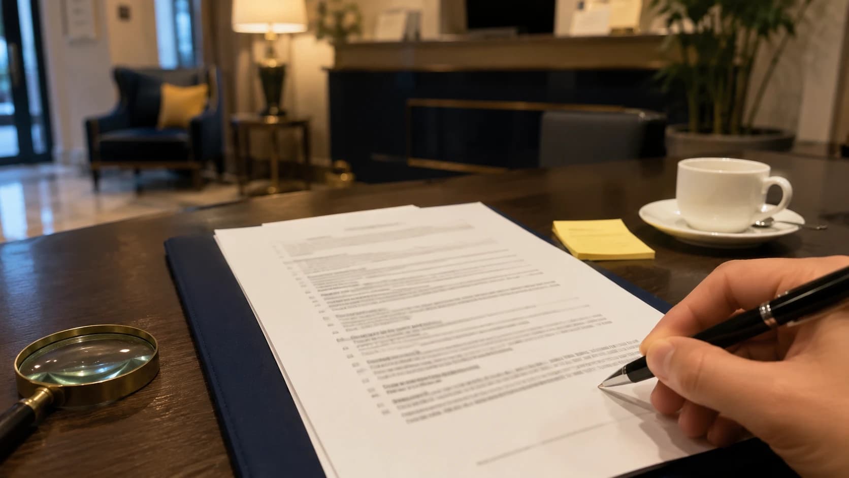Contrat de prestation de nettoyage hôtelier posé sur un bureau avec un stylo, une loupe et une tasse, prêt à être signé et vérifié clause par clause