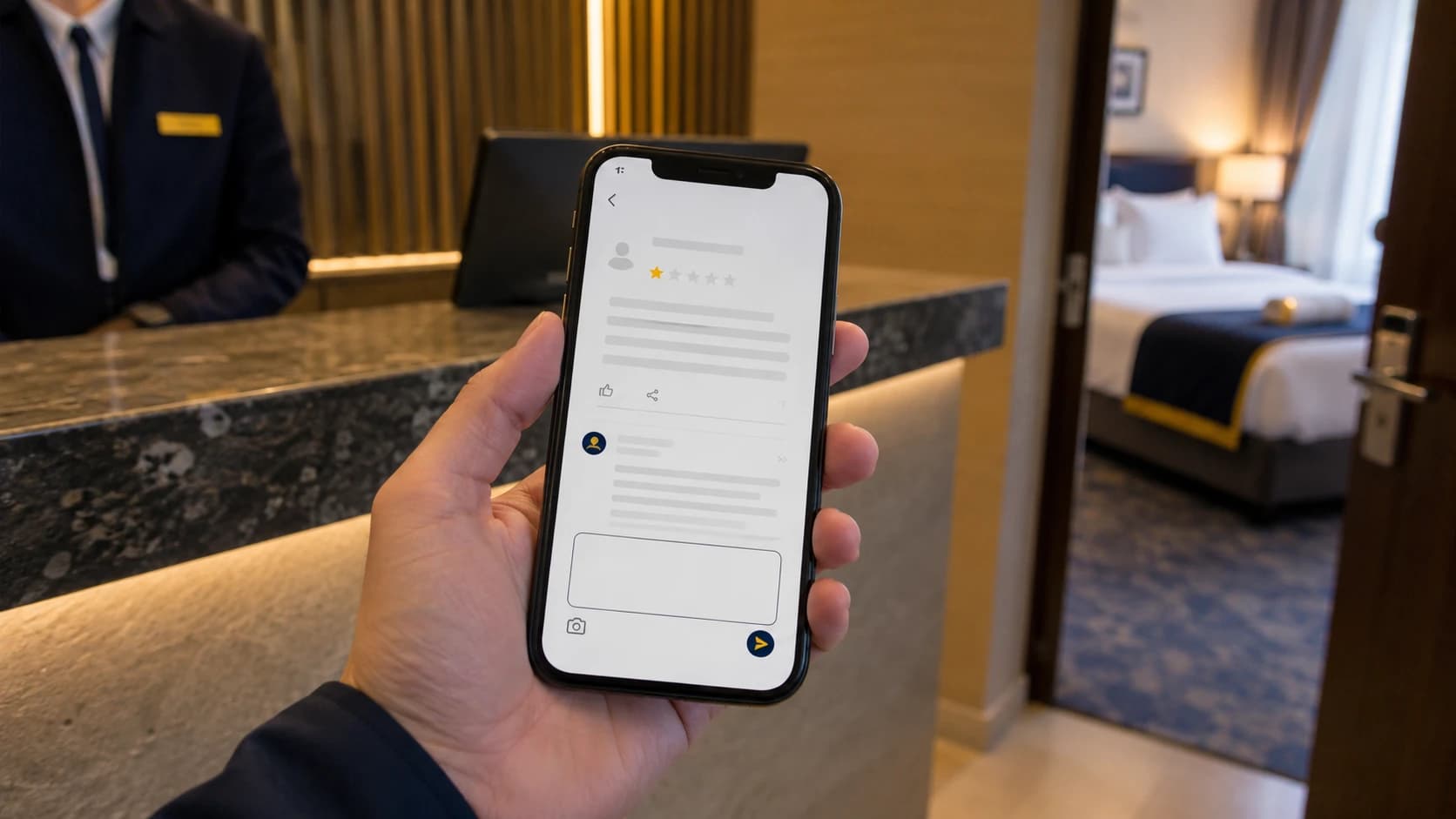 Écran de smartphone à la réception d'un hôtel affichant un avis client une étoile sur la propreté, avec un champ de réponse de la direction ouvert